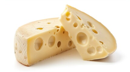 Photo of delicious Emmenthal cheese, cut in half with holes visible inside on a white background