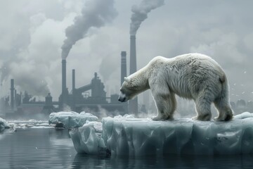 Stranded polar bear on a melting iceberg with distant industrial smokestacks, illustrating climate change impact on wildlife