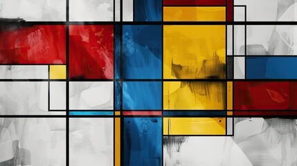 Compose an abstract piece for a mid-journey visual exploration, utilizing a restricted yet striking palette of white, red, yellow, and blue,