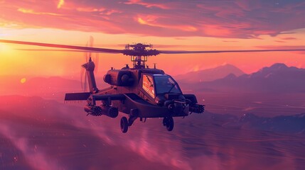 military attack helicopter, AH-64 Apache, hovering in a desert landscape at sunset, rotors in motion realistic