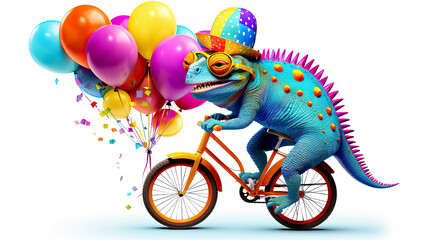 A chameleon with a bunch of multicolored balls rides a bicycle. Birthday party
