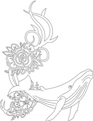Whale and A Floral Vine Coloring Page. Printable Coloring Worksheet for Adults and Kids. Educational Resources for School and Preschool.