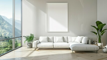 Bright living room interior with a large window and a blank white poster,