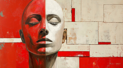 Abstract Split Portrait with Red and White Painted Face