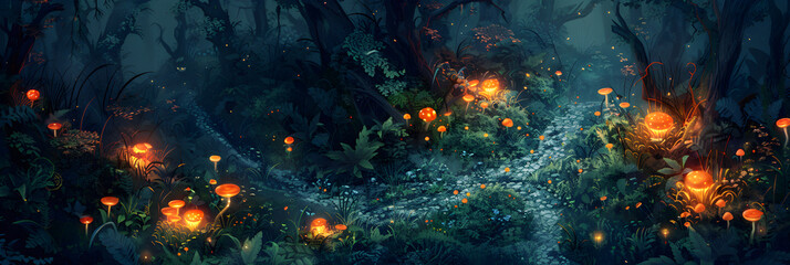 Enthralling Night Scene In Fantasy Game Design: Mysterious Woodland Adventure