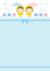梅雨のイラスト、紫陽花と子供のかわいいフレーム背景素材018