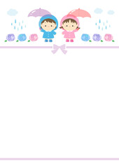 梅雨の梅雨のイラスト、紫陽花と子供のかわいいフレーム背景素材07