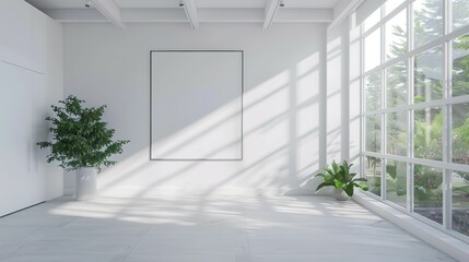 Obraz premium Bright living room interior with a large window and a blank white poster,