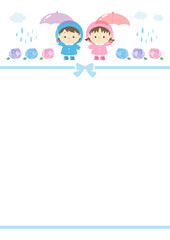 梅雨のイラスト、紫陽花と子供のかわいいフレーム背景素材06