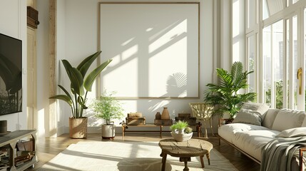 Bright living room interior with a large window and a blank white poster,