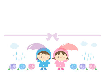 Fototapeta premium 梅雨のイラスト、紫陽花と子供のかわいいフレーム背景素材04
