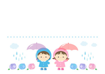 梅雨のイラスト、紫陽花と子供のかわいいフレーム背景素材05