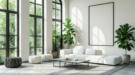 Bright living room interior with a large window and a blank white poster,