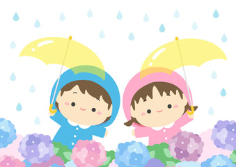 かわいい子どもと雨と紫陽花の挿し絵、梅雨のイラスト素材01梅雨のイラスト素材02