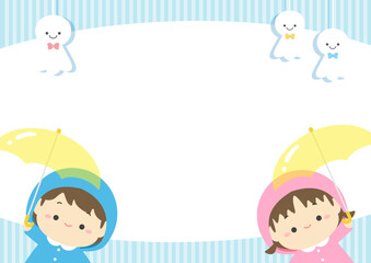 梅雨のイラスト素材、かわいい子どもとてるてる坊主のフレーム