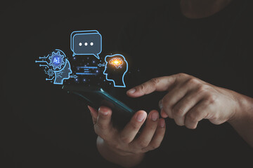 Man online chatting with AI chat bot on smartphone. Artificial intelligence robot innovation technology communicates and answers questions with smart conversation and provides creative solution ideas.