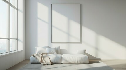 Bright living room interior with a large window and a blank white poster,