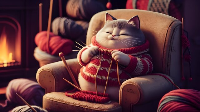 Pixel art of A cat knitting a sweater
