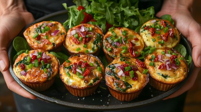 Mini Quiche Varieties Served on Plate Held by a Hand