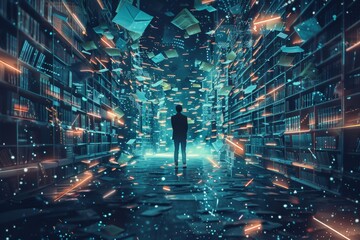 A person standing in the center of an endless digital library, surrounded by floating pages of data and code.