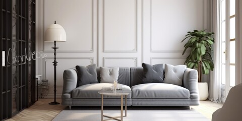 /imagine: prompt living room with white walls, gray sofa, black bookcase, plants, white coffee...