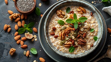 Nutty Oatmeal Bowl with Almonds, Walnuts, Pumpkin Seeds, Chia Seeds, and Fresh Mint on Dark Background