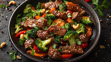 Stir-Fried Beef with Broccoli, Peppers, and Cashews in Soy Sauce