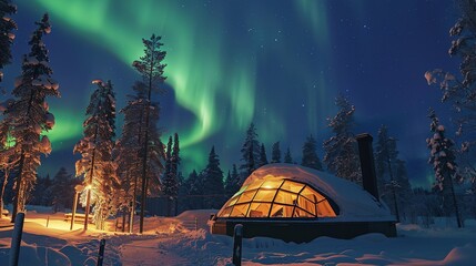 SAARISELKÃ„, Lapland, Finland Glass igloo at Kakslauttanen Arctic Resort in northern Finland. The cosy heated igloos are perfect for watching the aurora borealis