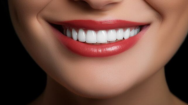 Perfectly smooth snow-white teeth of a girl in close-up. Dental teeth whitening. Veneers installation and dental implantation