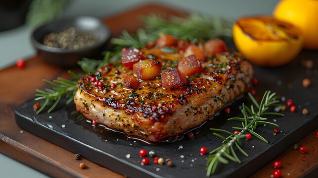 Honey Glazed Pork Chop with Candied Apples, Fresh Rosemary, and Peppercorns on Black Slate, Gourmet Pork Dinner with Sweet and Savory Flavors
