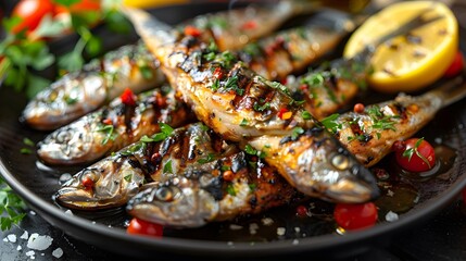 Grilled sardines with herbs, cherry tomatoes, and lemon, beautifully arranged on black plate