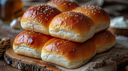 Create a realistic image of a stack of high-quality hot dog buns on a rustic wooden table. The buns should appear matte, without any egg wash sheen,