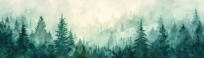 A soothing wallpaper with a watercolor landscape of a misty forest at dawn, in soft greens and blues