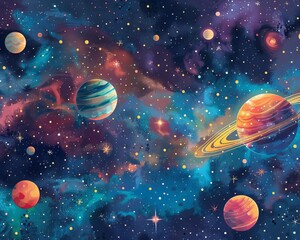 Fototapeta premium A spacethemed wallpaper with detailed illustrations of planets, stars, and galaxies in vibrant colors