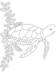 Sea Turtle and A Floral Vine Coloring Page. Printable Coloring Worksheet for Adults and Kids. Educational Resources for School and Preschool.