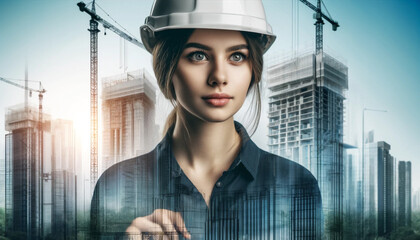 A woman wearing a hard hat stands in front of a city skyline. The image is a creative representation of a woman in a construction job