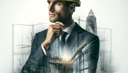 A man in a suit is looking to the left, with a building in the background. The image is a representation of a cityscape, with the man as the focal point. Scene is one of contemplation and reflection