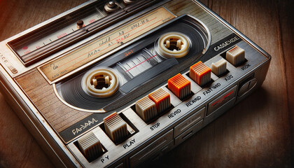 An old fashioned tape recorder with a white label that says "FAST" on it. The tape recorder is sitting on a wooden surface