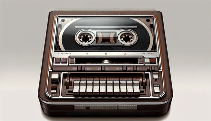 A vintage tape recorder with a black and brown color scheme. The tape recorder is old and has a classic design