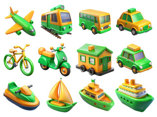 Fototapeta premium Set of travel icons color green and yellow 1. Transport 3D on a transparent PNG background