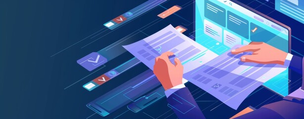 Checklist concept, Businessman mark checkboxes, Survey form, check marks on checklist,  filling online form and answering questions. List options business employee security procedures followed office.