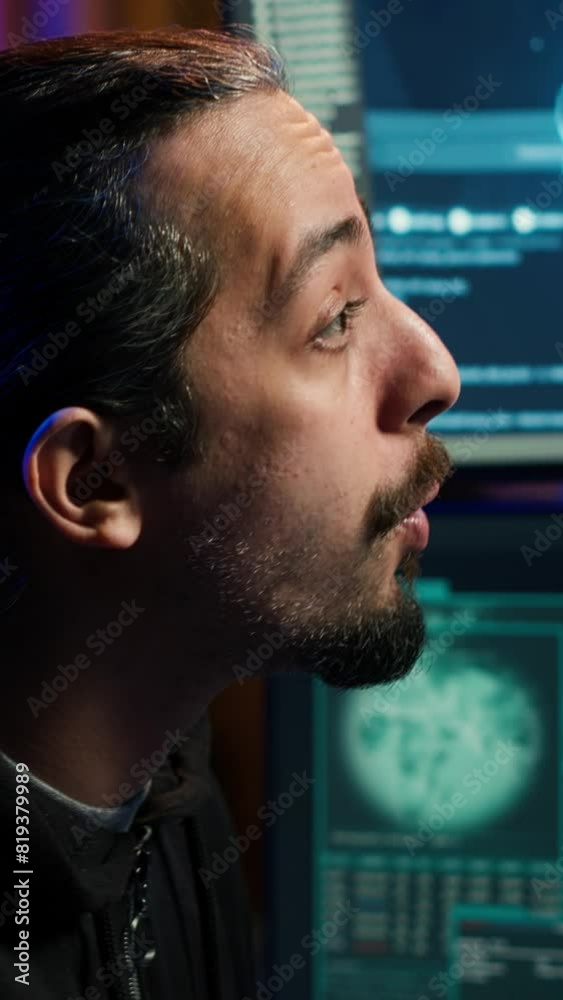 Poster vertical video hacker using ai machine learning on computer to produce malware corrupting data. scam