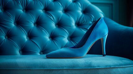 A stiletto heel resting on a blue velvet cushion, delicate balance between elegance and power 