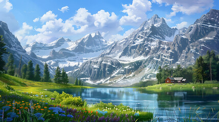 a serene mountain lake nestled among towering peaks, their snow-capped summits piercing the clear blue sky? In the foreground, colorful wildflowers dot the lush green meadows - Powered by Adobe