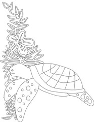 Sea Turtle and A Floral Vine Coloring Page. Printable Coloring Worksheet for Adults and Kids. Educational Resources for School and Preschool.