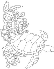 Sea Turtle and A Floral Vine Coloring Page. Printable Coloring Worksheet for Adults and Kids. Educational Resources for School and Preschool.