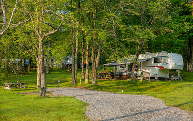 Rv camper parked at campsite under trees in forrest
