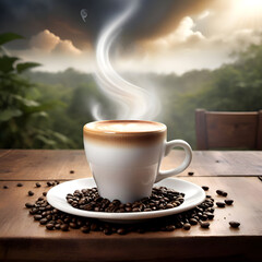 Concept image of coffee with tornado-like steam rising on a wooden table with a natural background