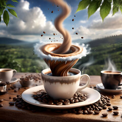 Concept image of coffee with tornado-like steam rising on a wooden table with a natural background