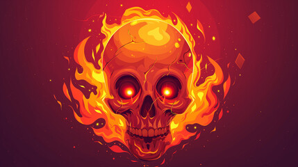 Fiery Cartoon Skull on Red Background